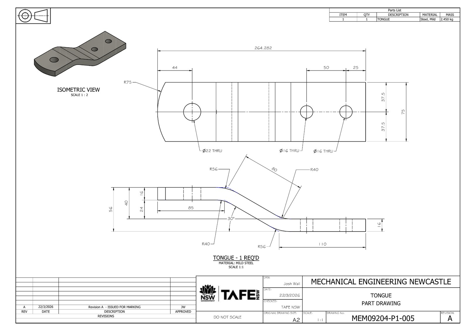 Dimensioned detail drawing of the towing coupling tongue