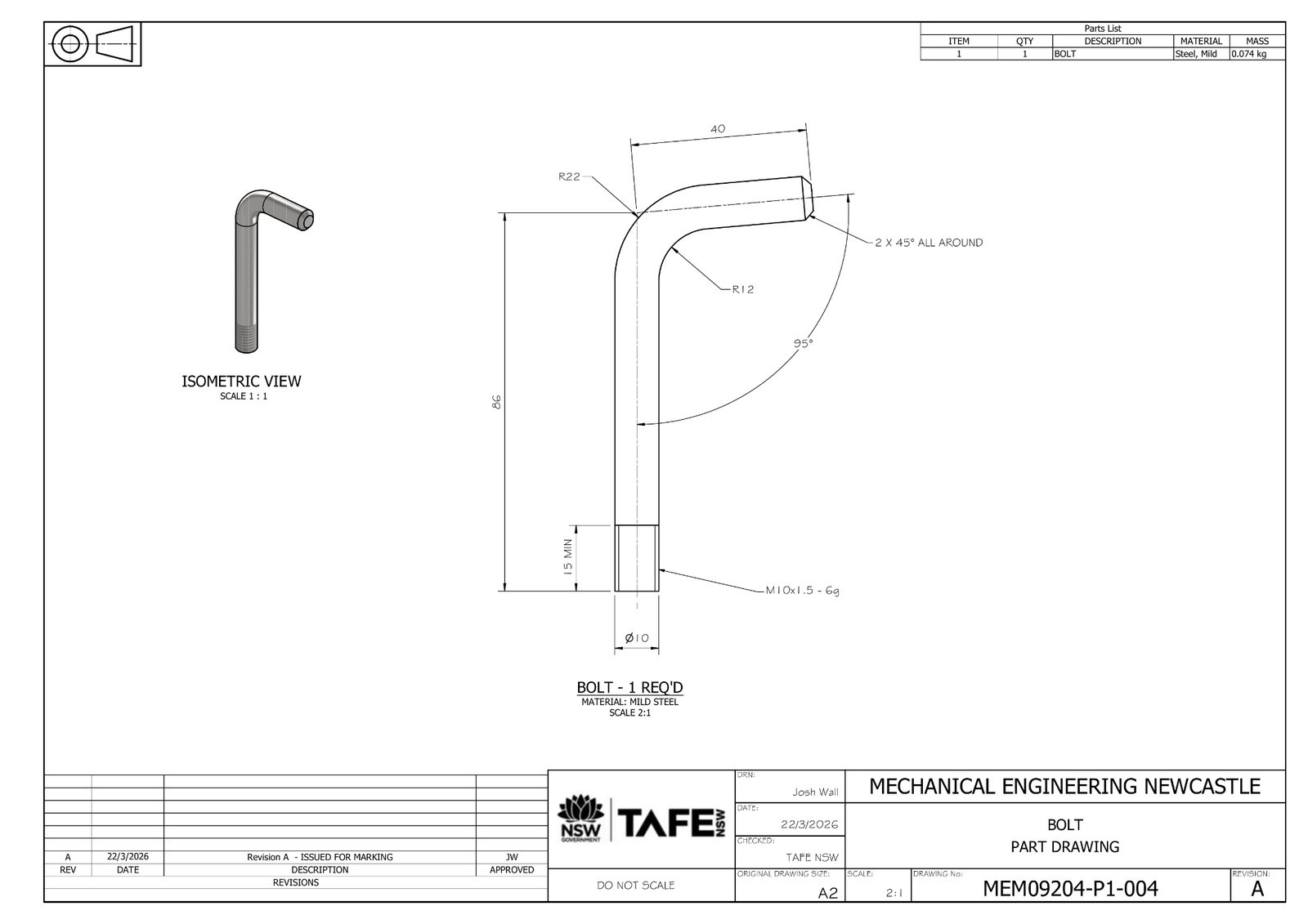 Dimensioned detail drawing of the fastener