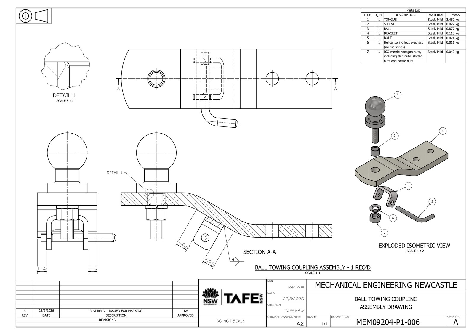 Ball towing coupling assembly drawing with section, exploded view and parts list