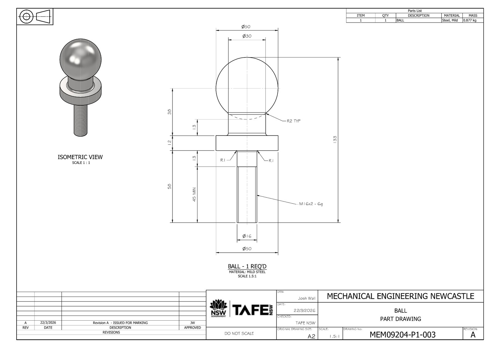 Dimensioned detail drawing of the tow ball