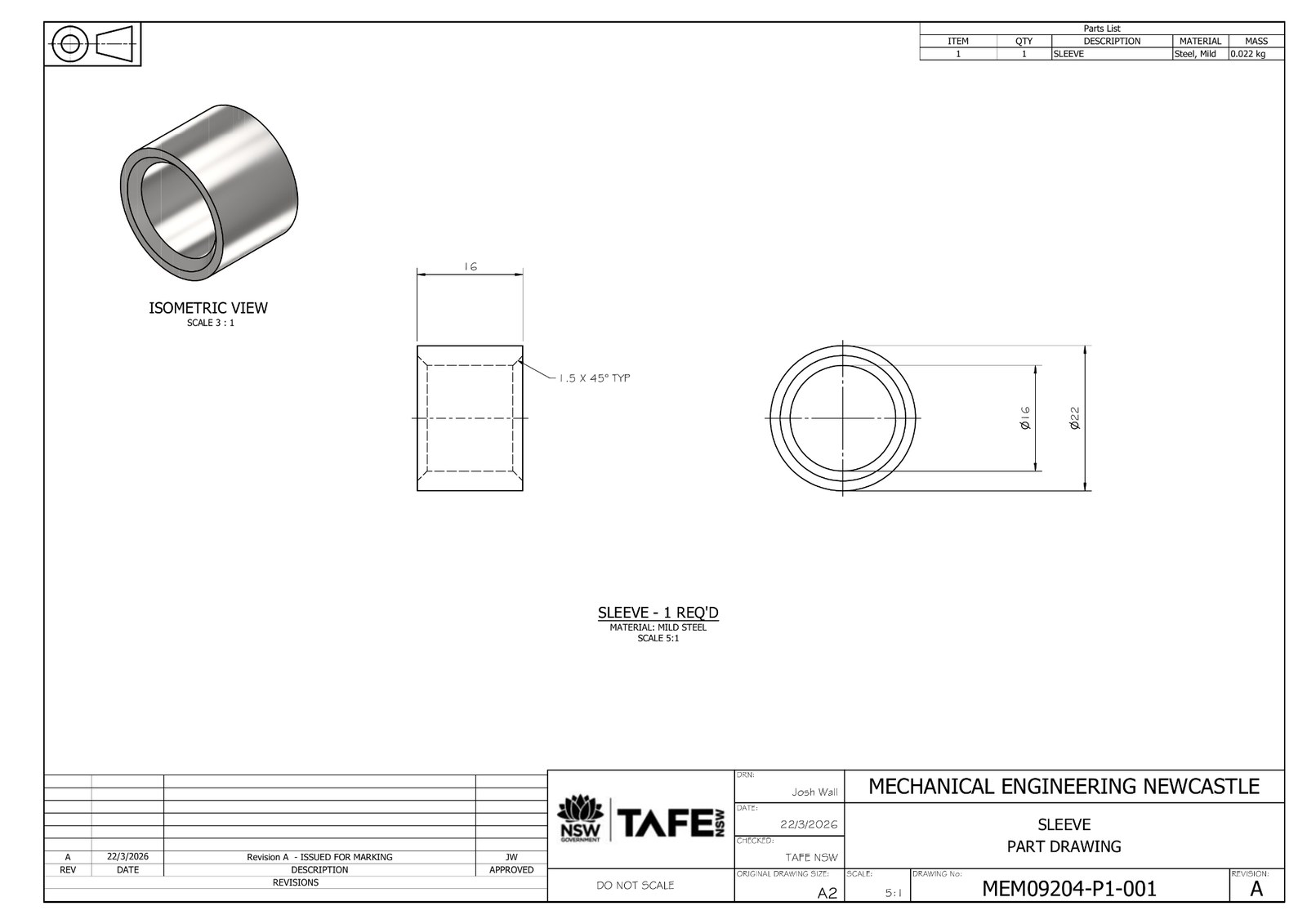 Dimensioned detail drawing of the nut