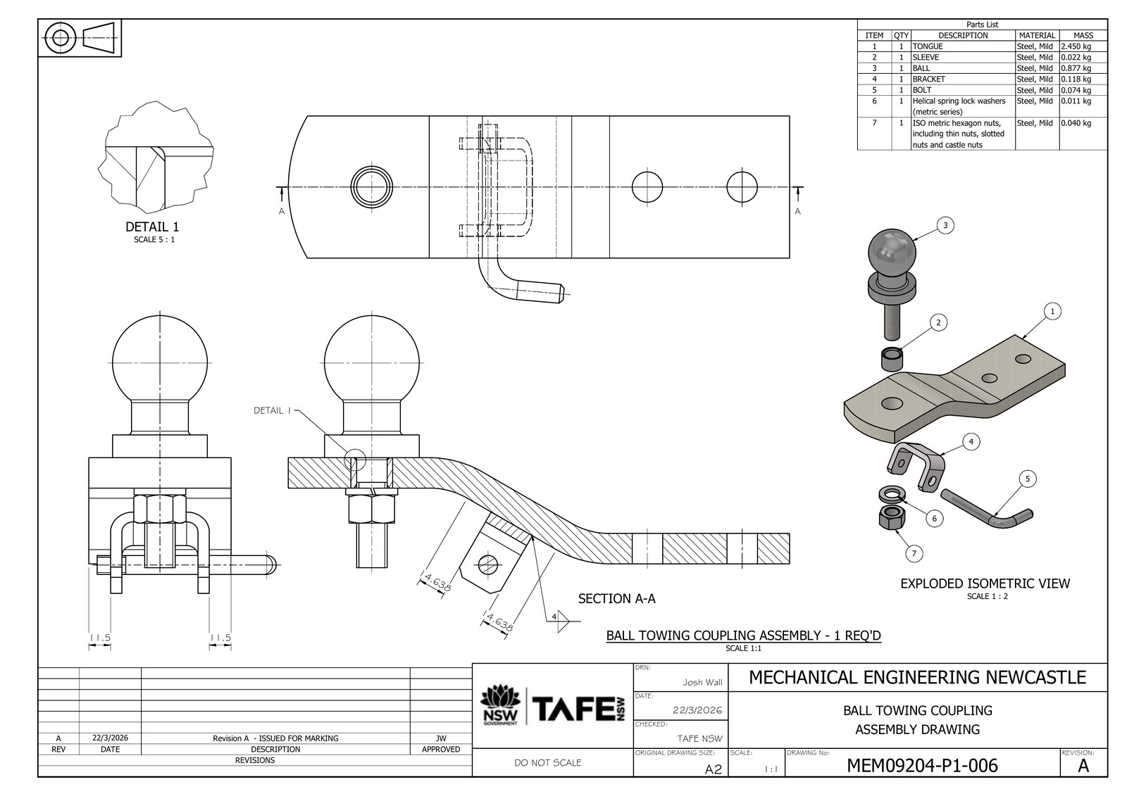 Towing coupling assembly drawing and exploded isometric
